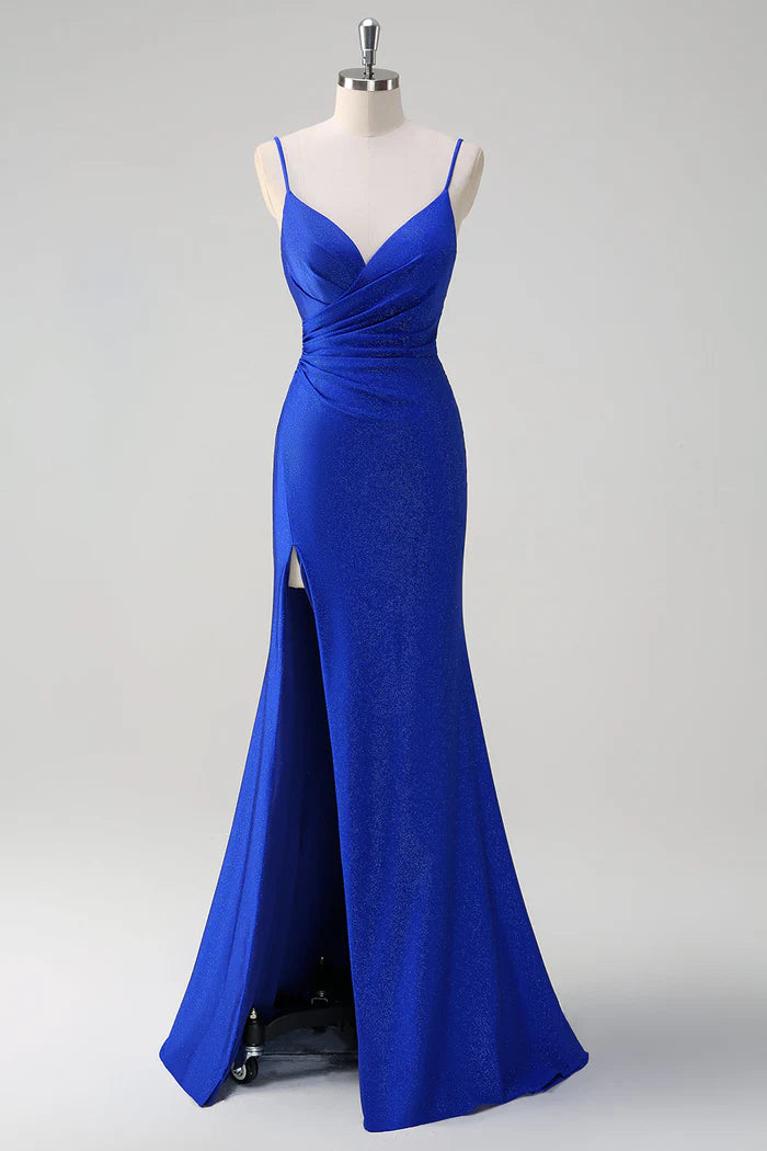 Weitese Dress Glitter Royal Blue Mermaid Spaghetti Straps Ruched Maxi Dress Prom Dress Slit Sweep Brush Train Evening Dress
